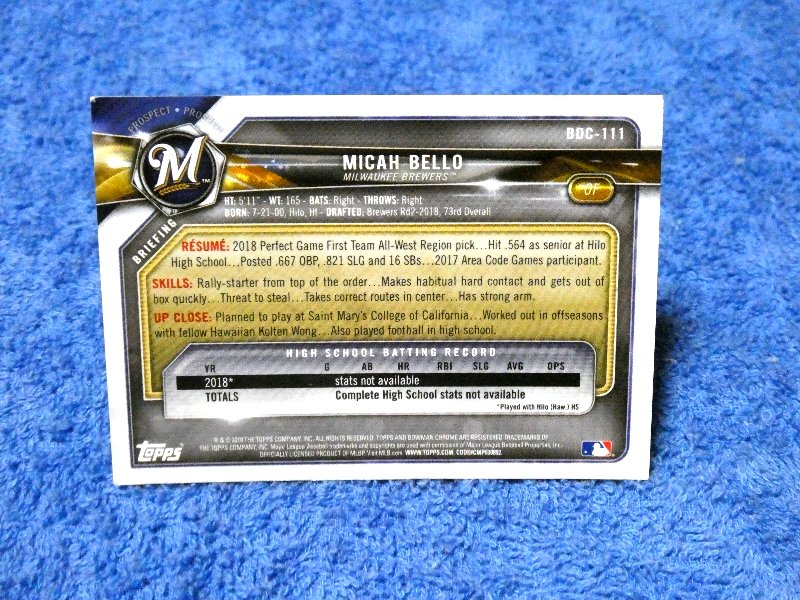 2018 TOPPS 野球 BASEBALL Trading Card KIRACARD キラカード トレカ MICAH BELLO 150枚限定 BDC-111 Trading Card